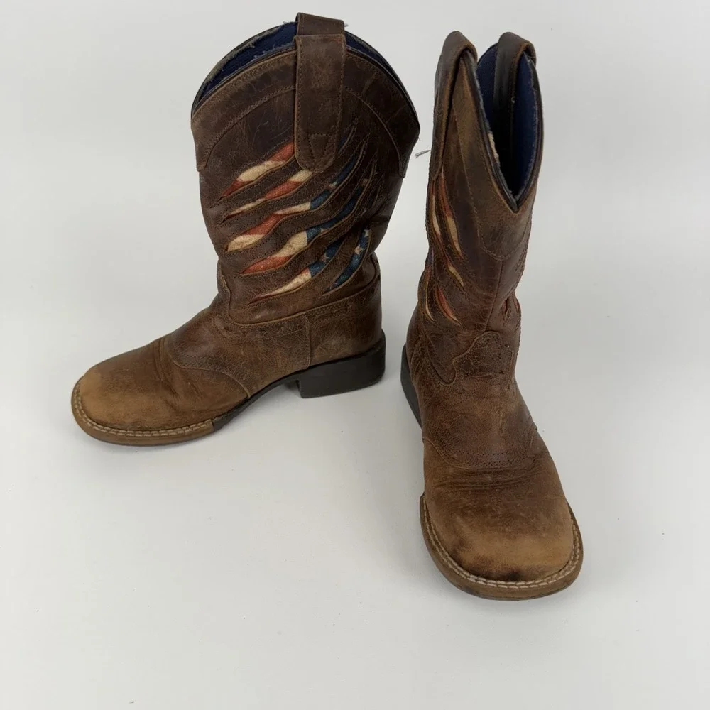 Cody James Leather Cowboy Western Boots‎ American Flag USA Square Toe Youth 13D